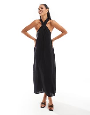 Pretty Lavish Cross Over Neck Shift Midaxi Dress In Black