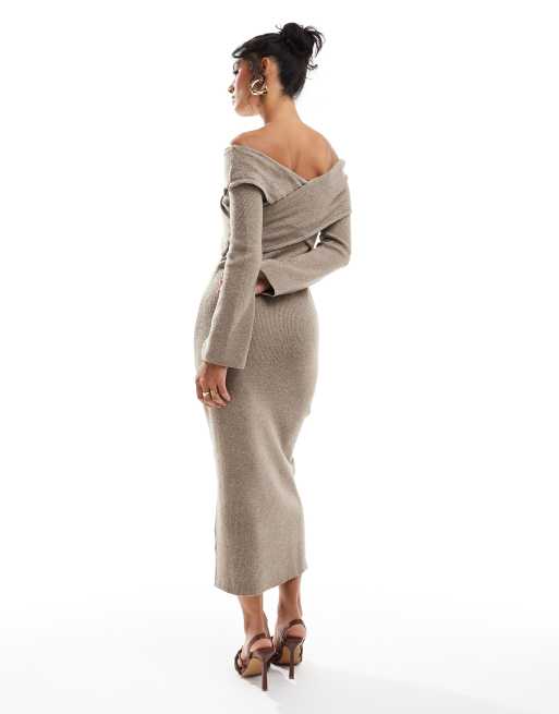 Pretty Lavish crossover bardot knit midaxi dress in brown ASOS
