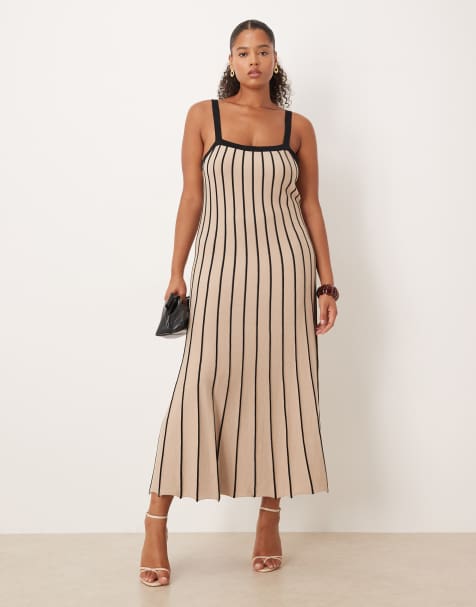 Pretty Lavish Curve - Alyssia - Vestito beige a righe con gonna al polpaccio - view 1