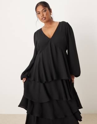 Pretty Lavish Curve Ashton Ruffle Maxi Dress In Black
