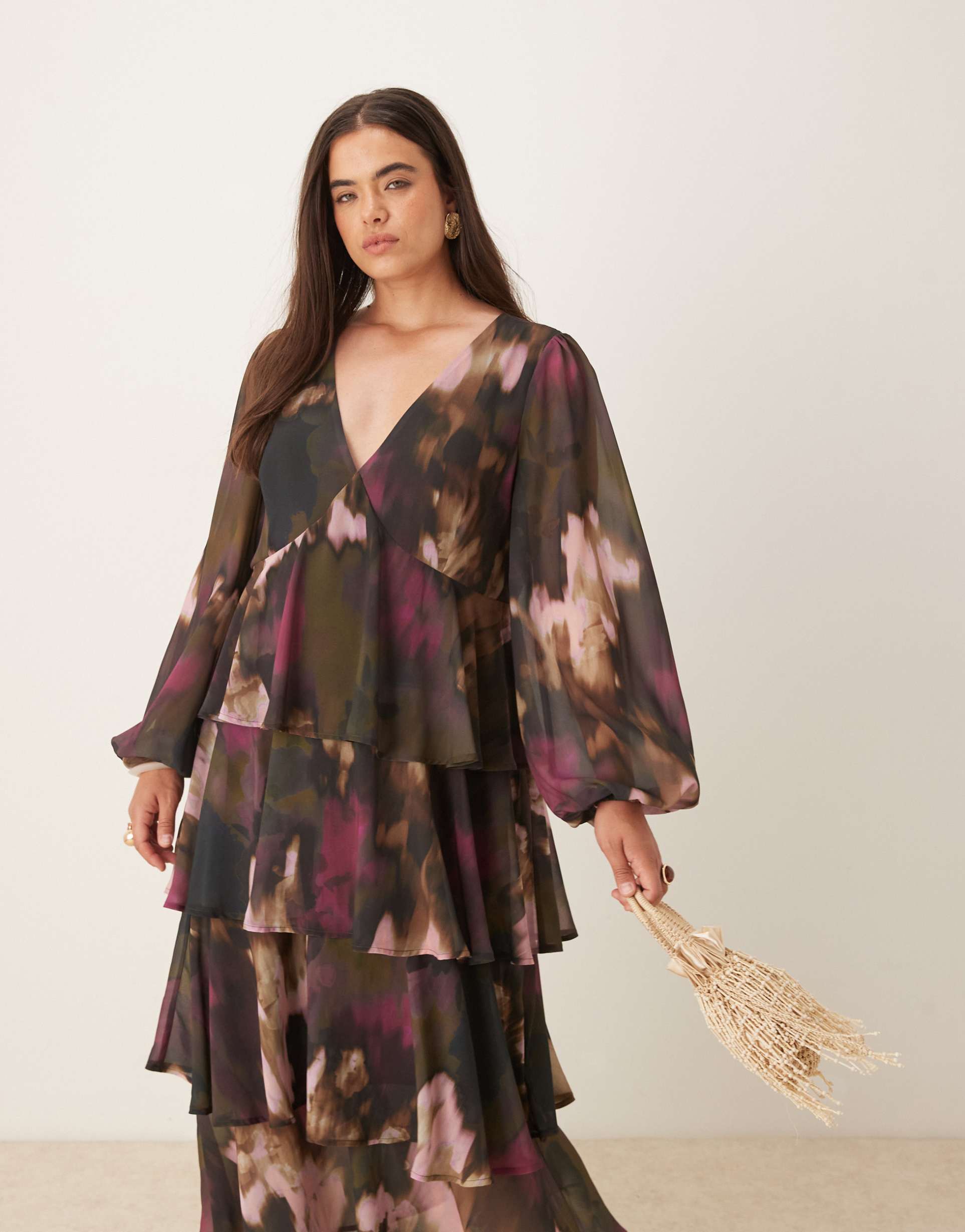 pretty lavish curve ashton ruffle tiered midaxi dress in abstract print