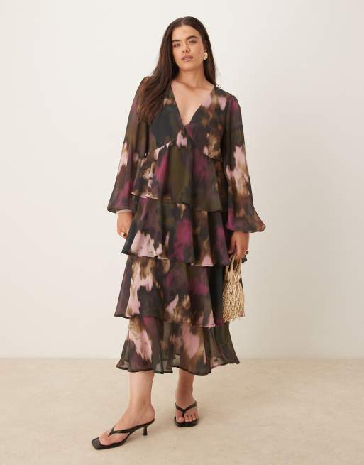 ashton ruffle midi dress Pretty Lavish Curve Ashton ruffle tiered midaxi dress in abstract print
