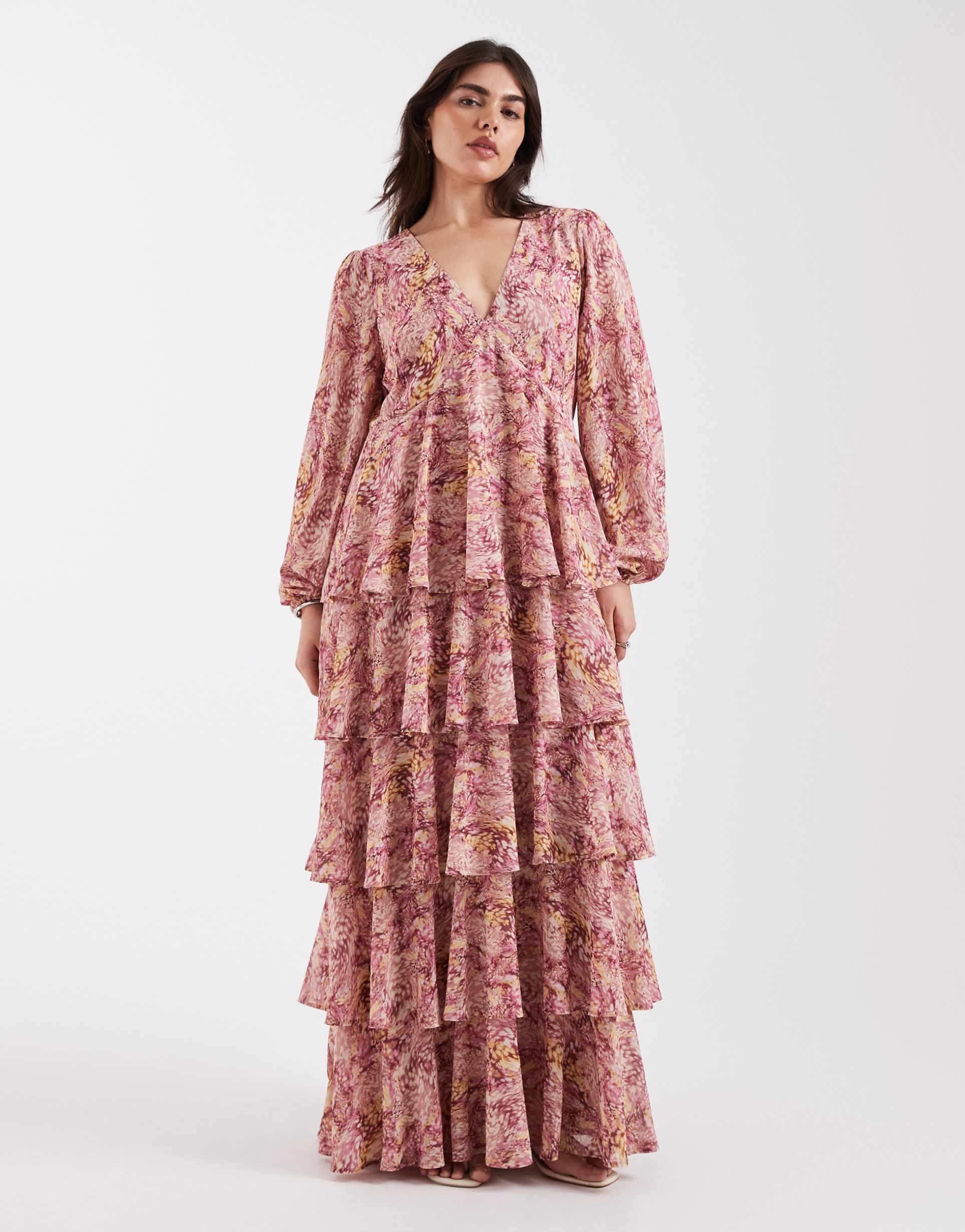 pretty lavish curve ashton ruffle v-neck long sleeve maxi dress in abstract berry floral print