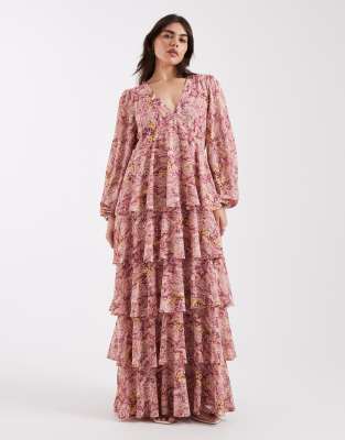 Pretty Lavish Curve Ashton ruffle v neck long sleeved maxi dress in abstract berry floral print