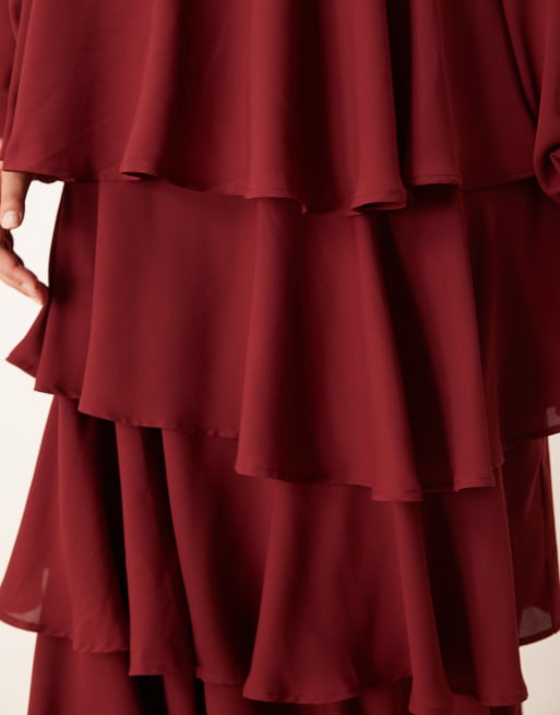 Pretty Lavish Curve - Ashton - Vestito lungo color vino con volant, 3 di 4