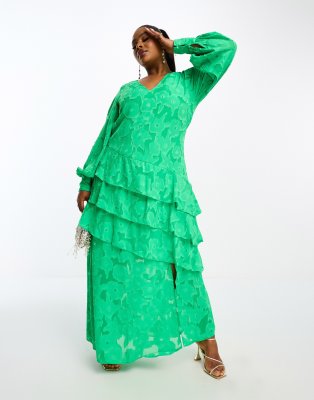 Pretty Lavish Curve asymmetric frill jacquard maxi dress in green