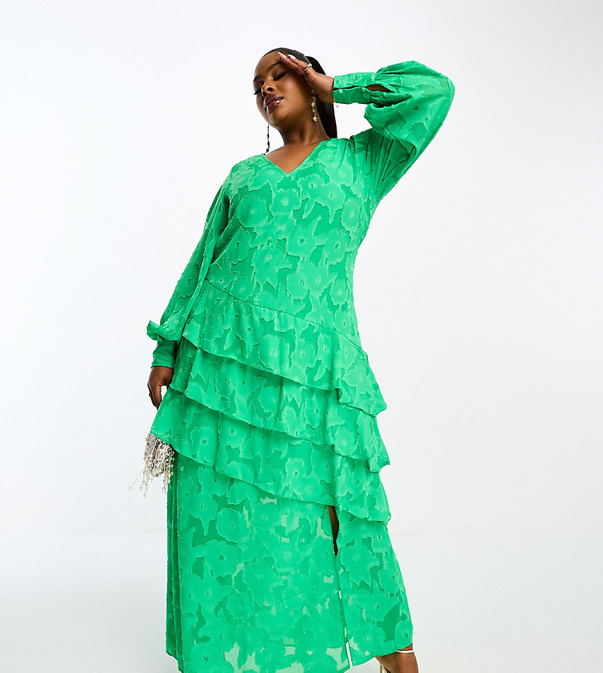 Pretty Lavish Curve asymmetric frill jacquard maxi dress in green