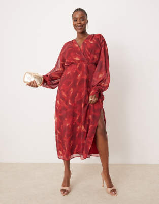 balloon sleeve midaxi dress in red print