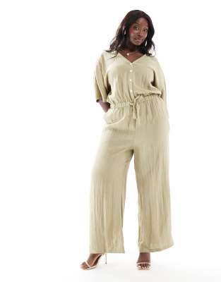 balloon sleeve shirred jumpsuit in olive-Green