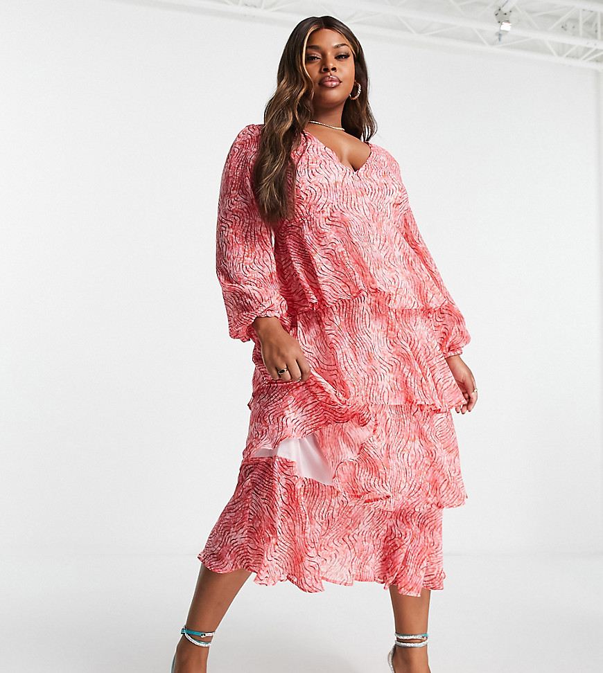 Pretty Lavish Curve balloon sleeve tiered midi dress in red abstract print