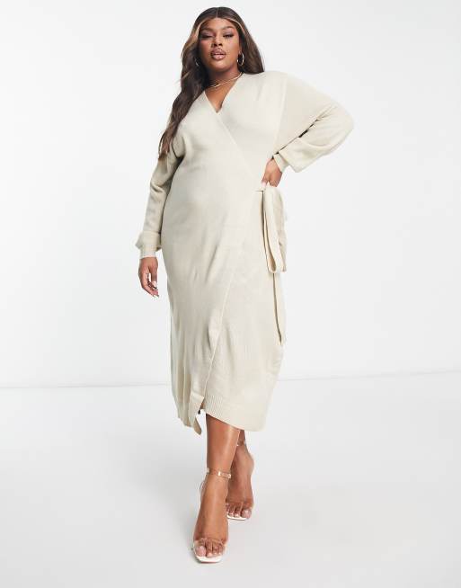 Lavish Curve Beau wrap knit dress with tie waist in beige | ASOS