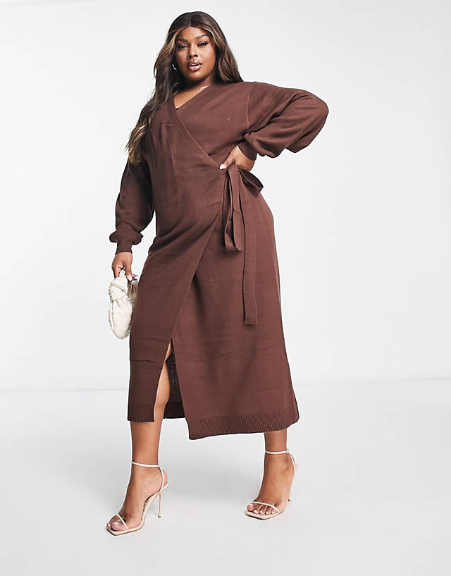Pretty Lavish Curve - beau wrap knit dress with tie waist in chocolate