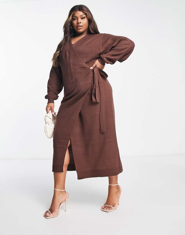 Pretty Lavish Curve Beau wrap knit dress with tie waist in chocolate