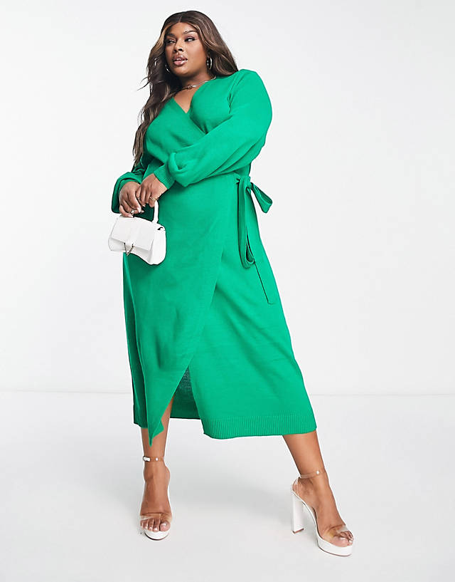 Pretty Lavish Curve - beau wrap knit dress with tie waist in emerald