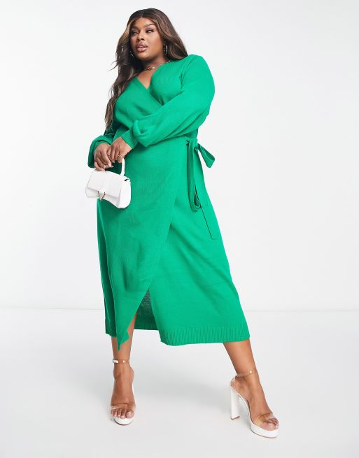 Pretty Lavish Curve Beau wrap knit dress with tie waist in emerald | ASOS