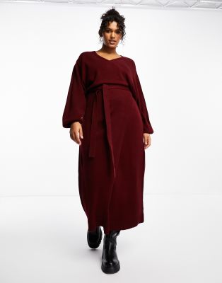 Pretty Lavish Curve Beau wrap knit dress with tie waist in plum