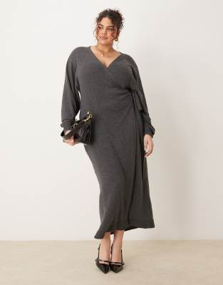 pretty lavish curve beau wrap knit midaxi dress in charcoal