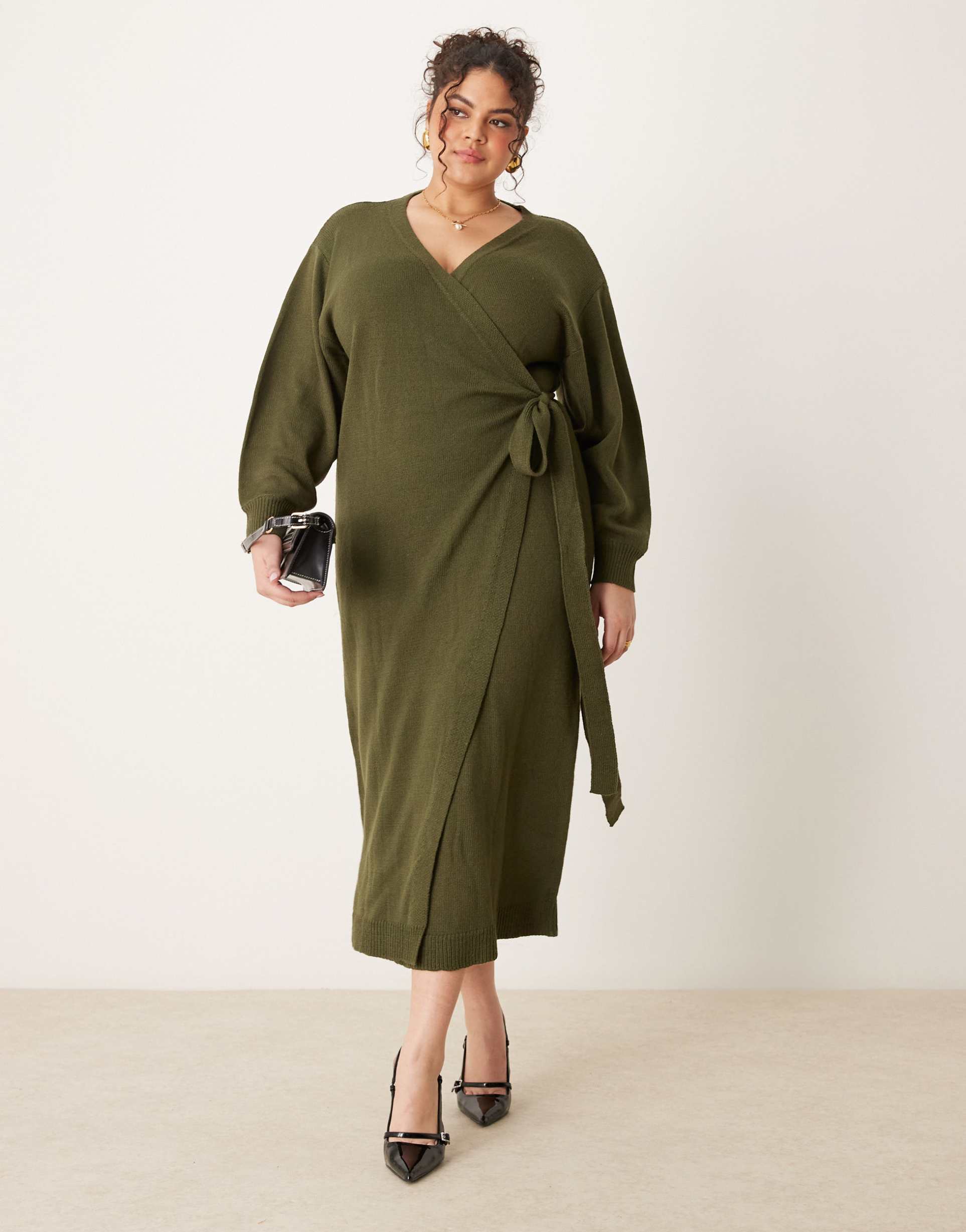 pretty lavish curve beau wrap knit midaxi dress in olive