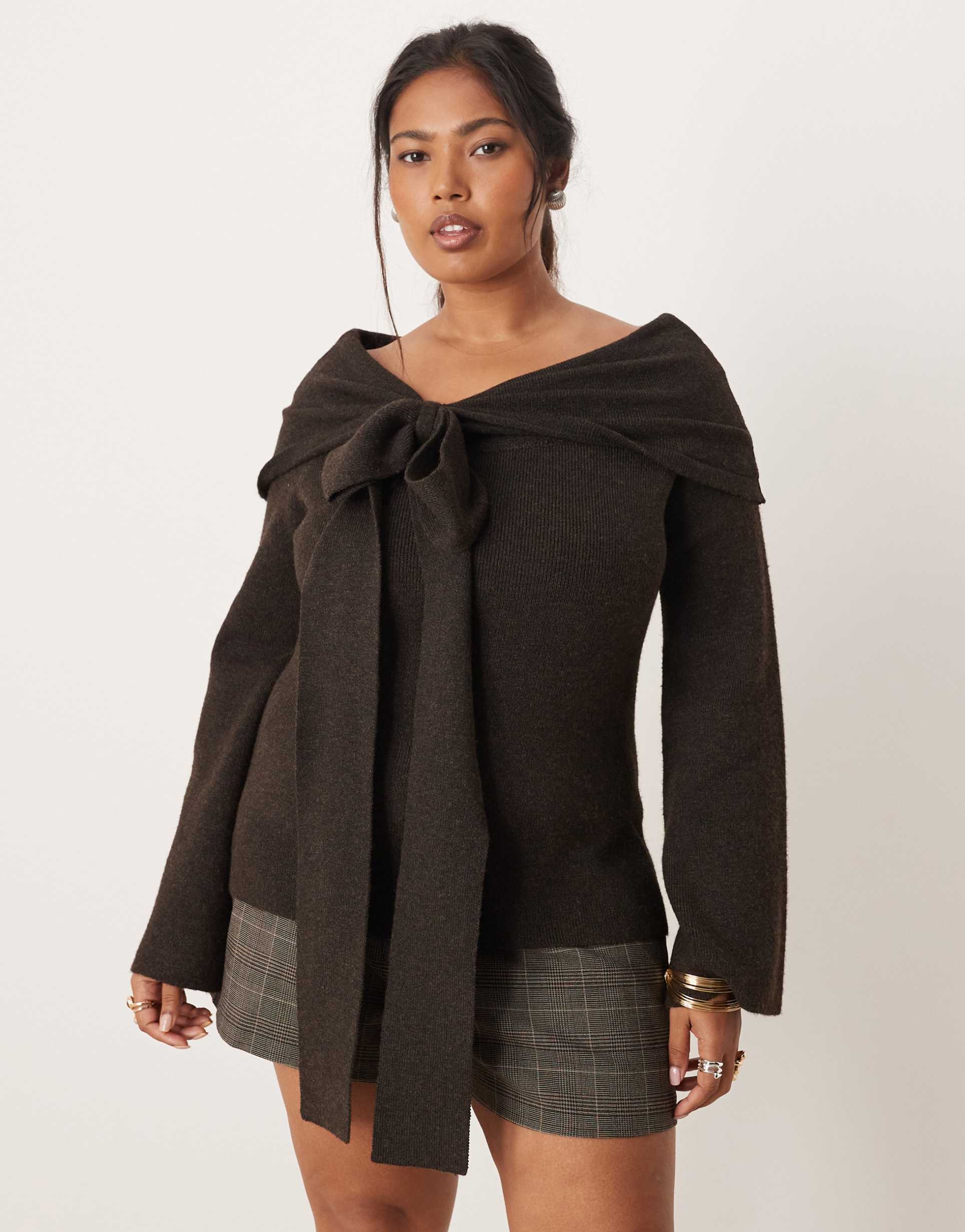 pretty lavish curve bow off the shoulder knit top in chocolate brown