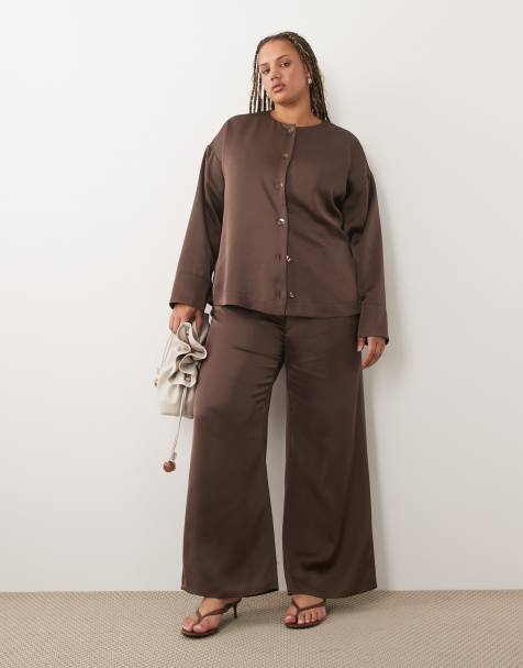 Pretty Lavish Curve Breya satin blouse and trousers co-ord in chocolate - view 1
