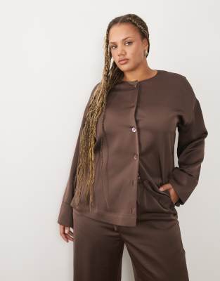 Pretty Lavish Curve Breya Satin Button Up Deep Cuff Blouse In Brown