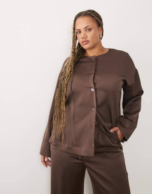 Pretty Lavish Curve Breya satin blouse and pants set in chocolate, 3 of 3