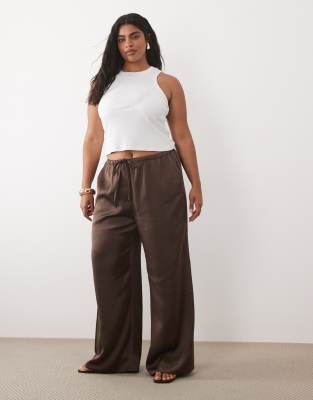 Pretty Lavish Curve Breya Satin Drawstring Pants In Brown