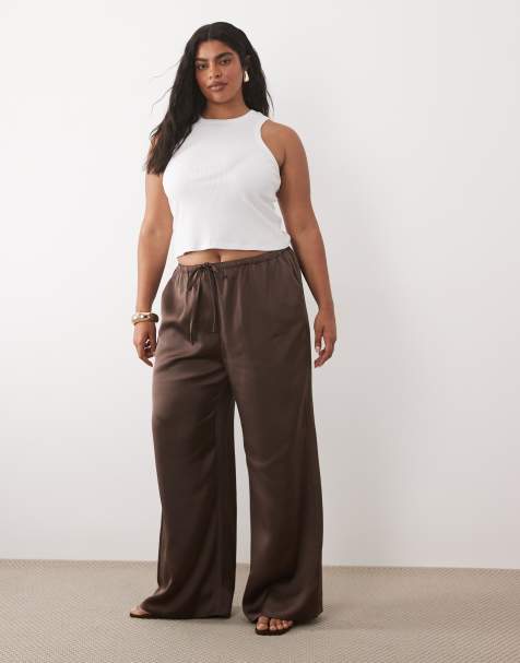 Pretty Lavish Curve Breya satin drawstring pants in chocolate (part of a set) - view 1