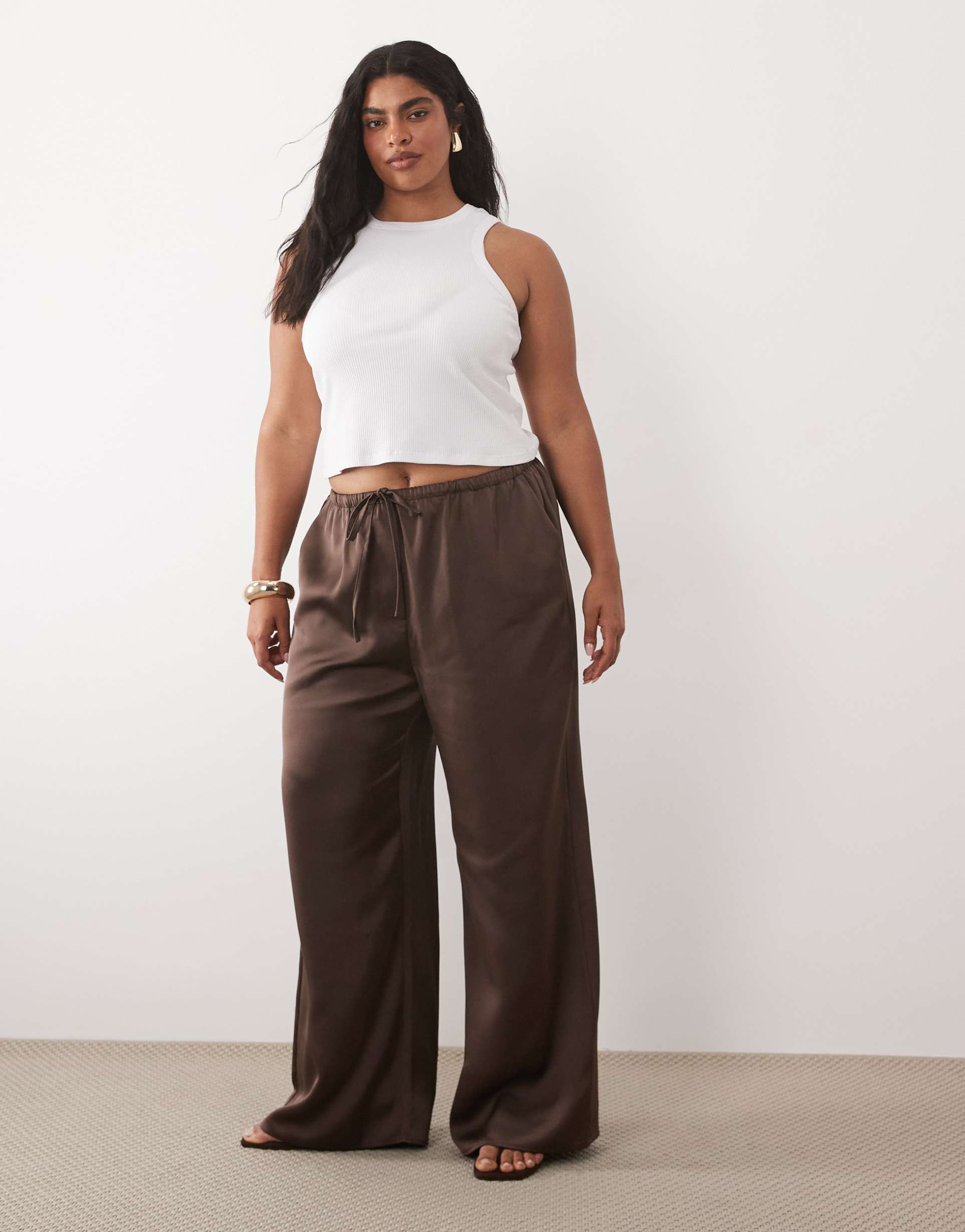 pretty lavish curve breya satin drawstring pants in chocolate, part of a set