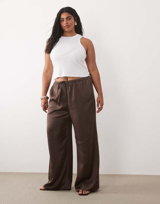 Pretty Lavish Curve Breya satin drawstring pants in chocolate
