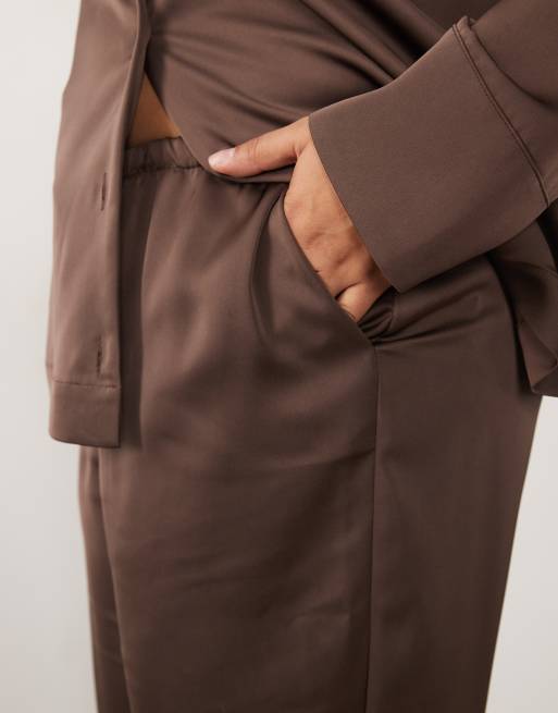 Pretty Lavish Curve Breya satin drawstring pants in chocolate (part of a set), 4 of 5