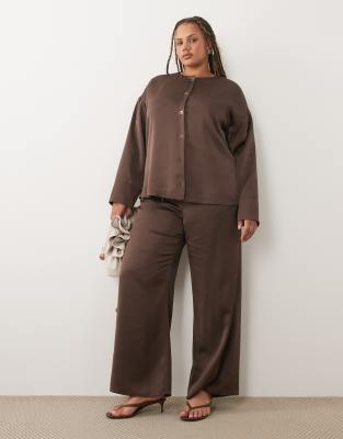 Pretty Lavish Curve Breya satin drawstring trousers co-ord in chocolate