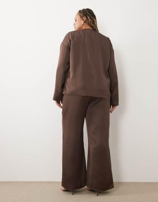 Pretty Lavish Curve Breya satin drawstring trousers co-ord in chocolate, 5 of 5