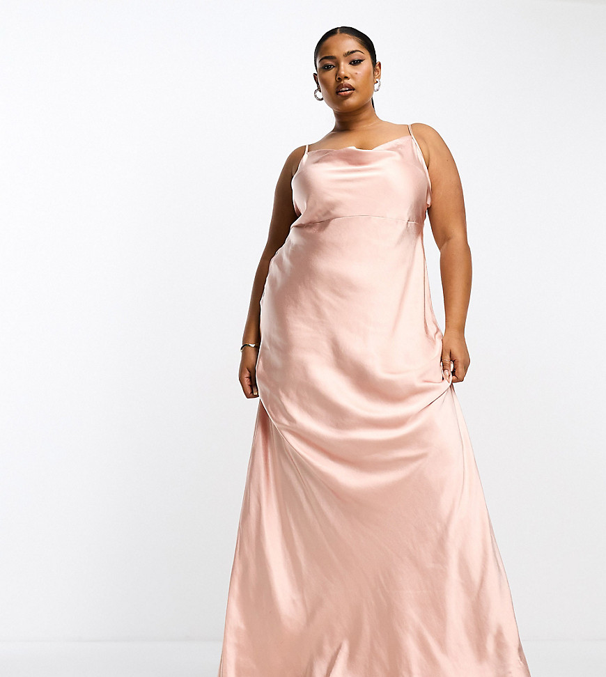 Pretty Lavish Curve Bridesmaid Keisha cowl neck satin maxi dress in blush-Pink