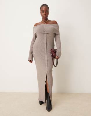 button bardot knit maxi dress in mink-Brown