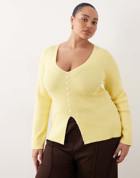 Pretty Lavish Curve button down long sleeve ribbed top in yellow - view 1