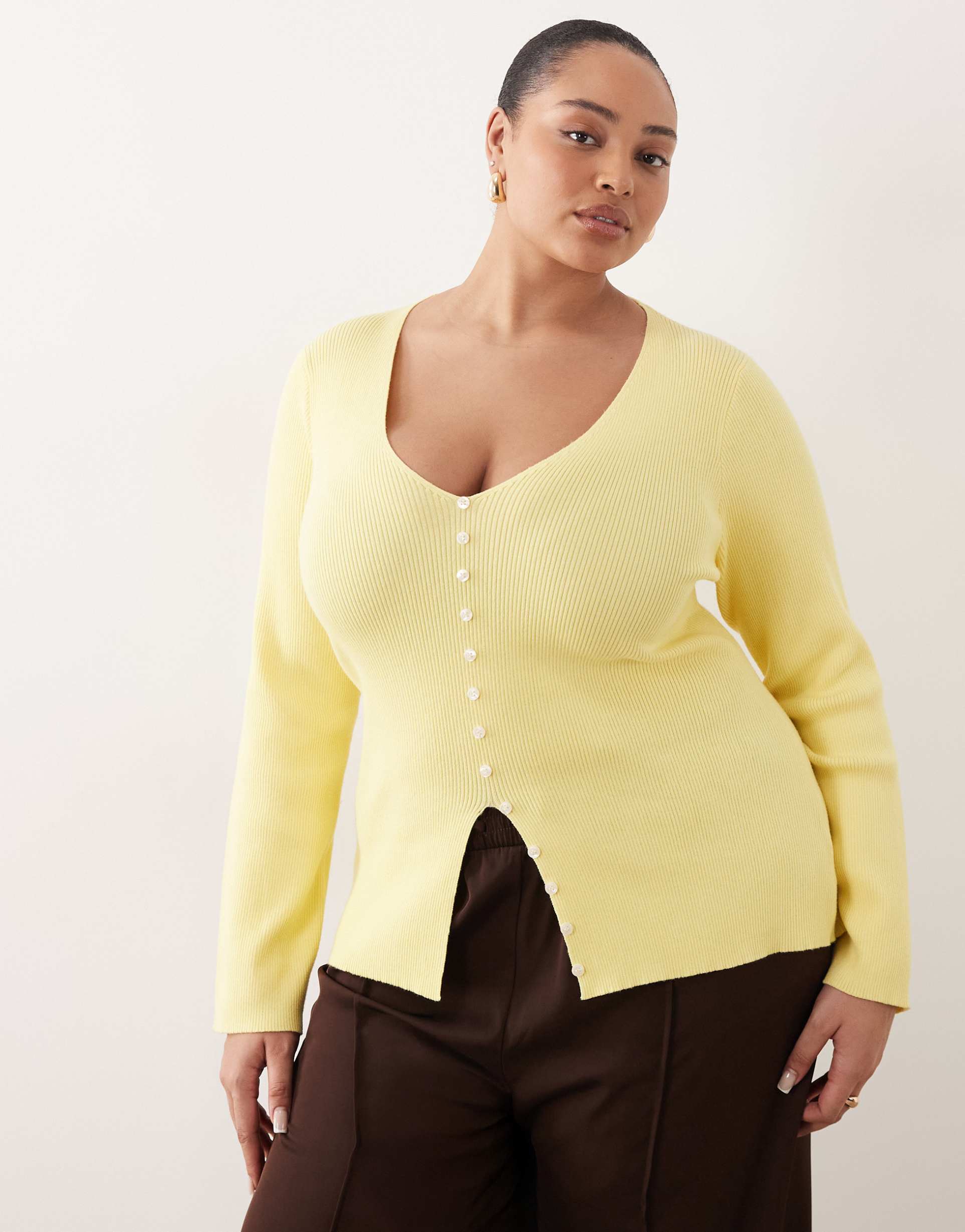 pretty lavish curve button down long sleeve ribbed top in yellow