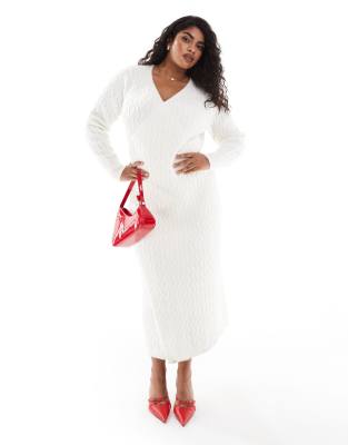 cable knit wrap midaxi dress in cream-White