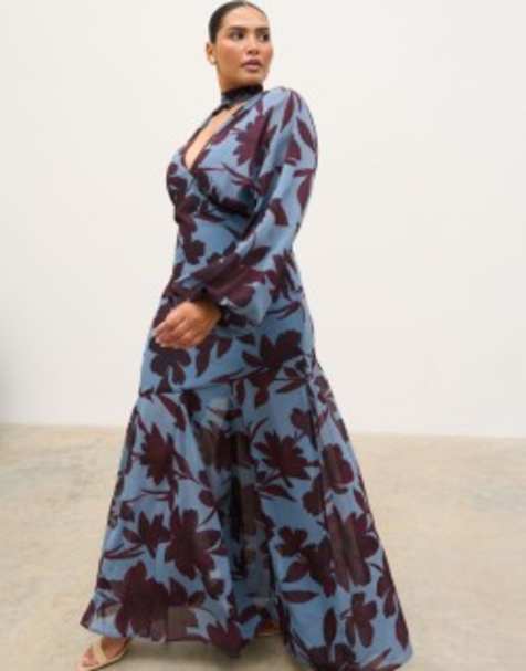 Pretty Lavish Curve chiffon v neck scarf detail long sleeve maxi dress in blue blown up floral print - view 1
