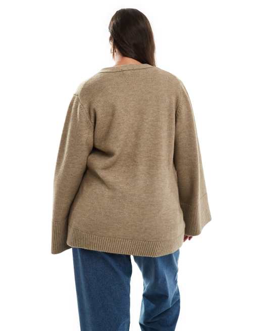 Pretty Lavish Curve chunky cuff knit cardigan in taupe, 3 of 4