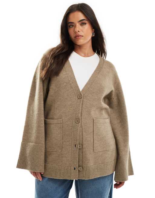 Pretty Lavish Curve chunky cuff knit cardigan in taupe, 4 of 4