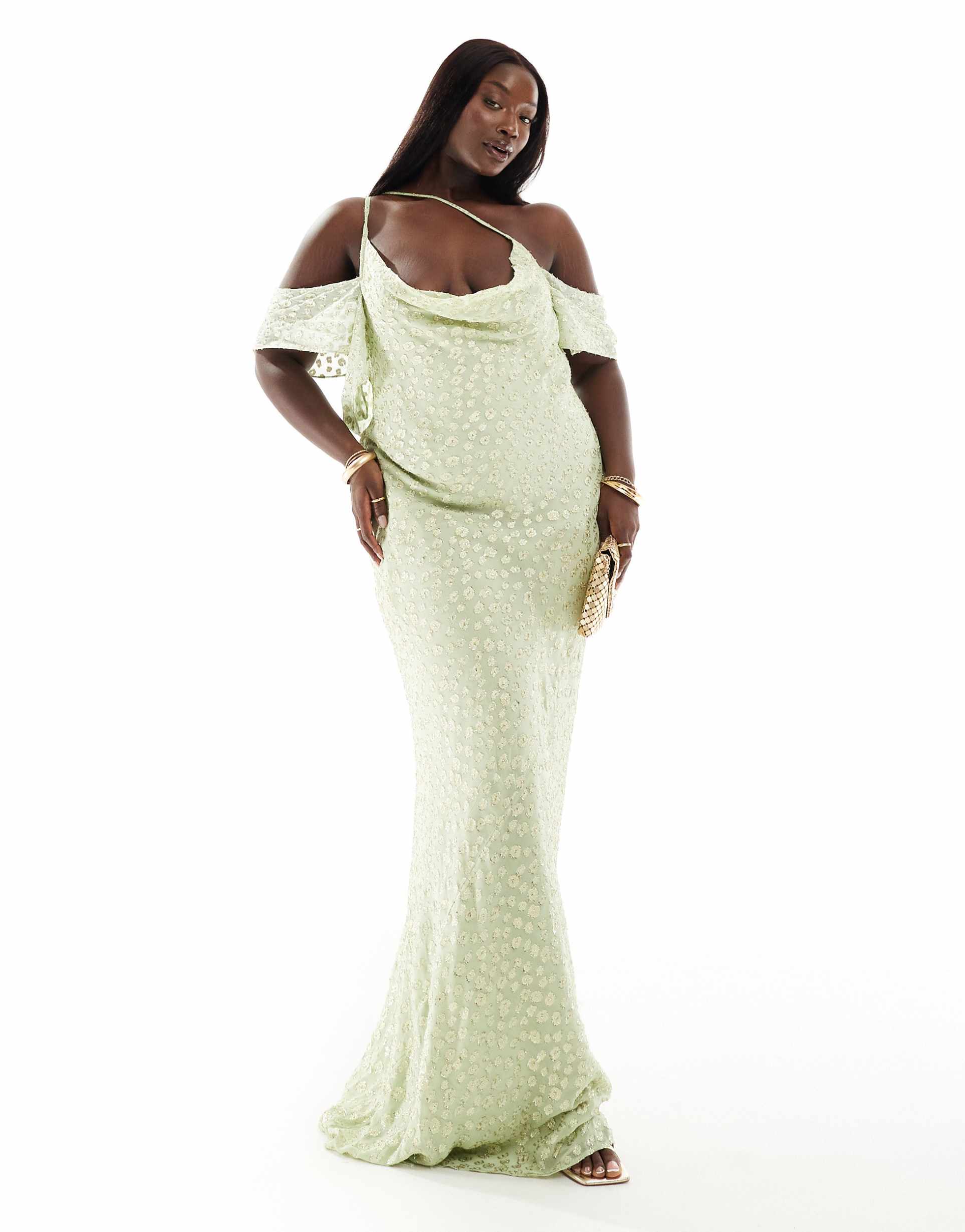 pretty lavish curve cold shoulder metallic maxi dress in green and gold