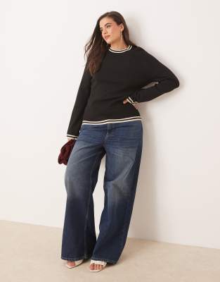Pretty Lavish Curve Contrast Knit Long Sleeve Top In Black