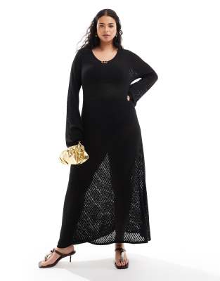 pretty lavish curve crochet knit midaxi dress in black