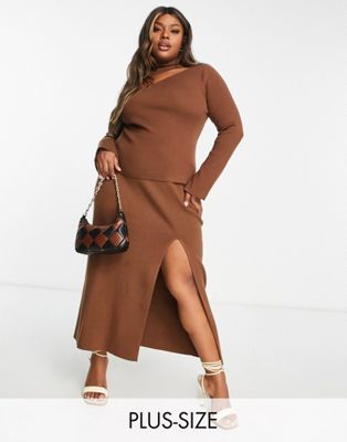 Pretty Lavish Curve Cut-out Knit High Neck Top In Soft Brown