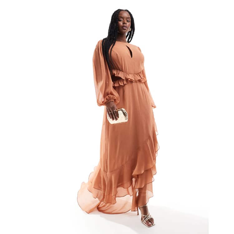 Pretty Lavish Curve cut-out ruffle maxi dress in sienna brown | ASOS