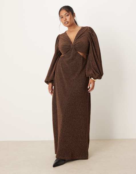 Pretty Lavish Curve shimmer v neck balloon sleeve cut out maxi dress in brown