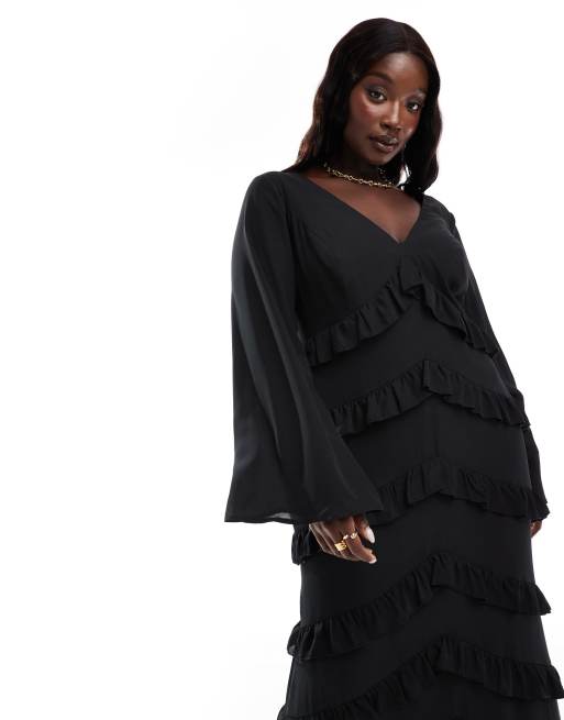 Pretty Lavish Curve – Czarna sukienka maxi z długimi rękawami i falbankami