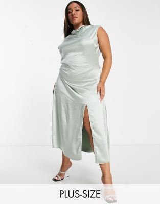 Pretty Lavish Curve drape satin midaxi dress in sage-Green