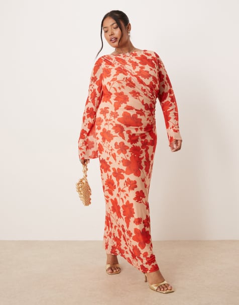 Pretty Lavish Curve Ethel long sleeve jersey midaxi dress in red floral - view 1